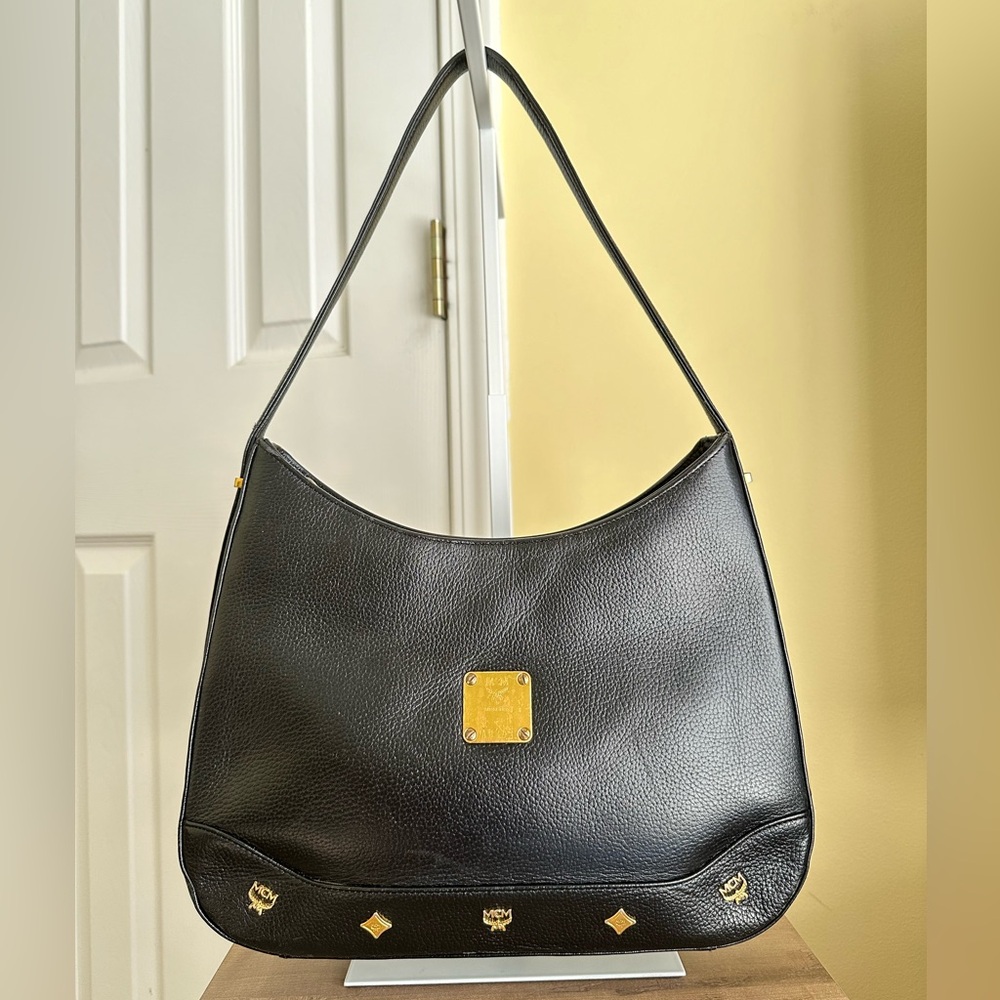 MCM Soft Grain Leather Hobo Shoulder Bag, Black with Gold Hardware, EUC